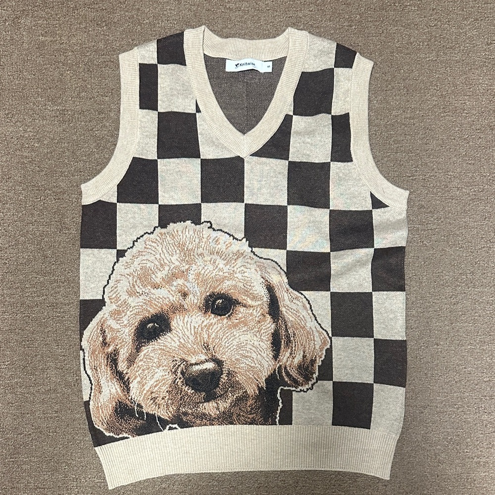 Beige and Brown Checkered Dog Sweater Vest pre owned
